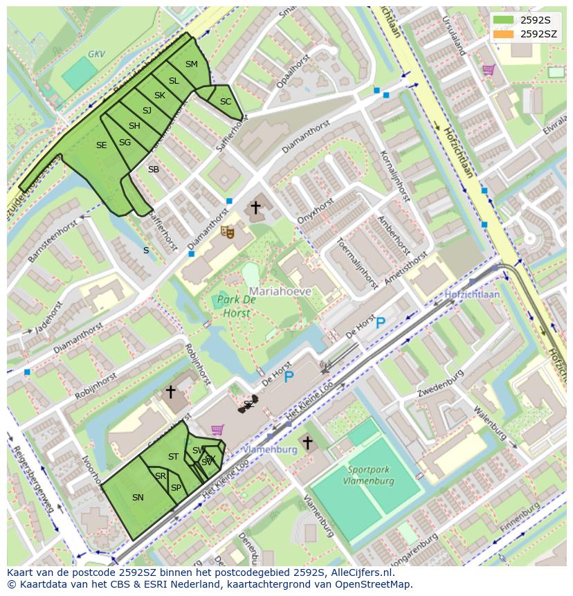 Afbeelding van het postcodegebied 2592 SZ op de kaart.