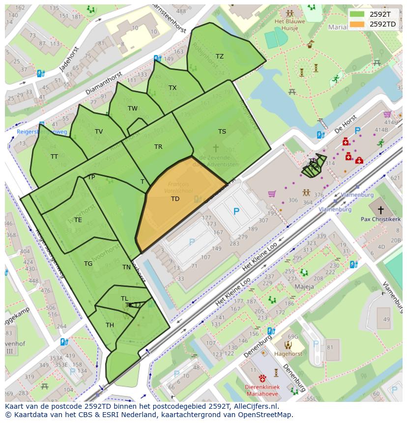 Afbeelding van het postcodegebied 2592 TD op de kaart.