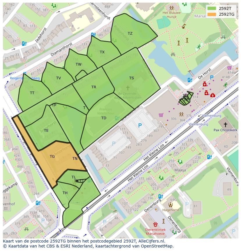 Afbeelding van het postcodegebied 2592 TG op de kaart.