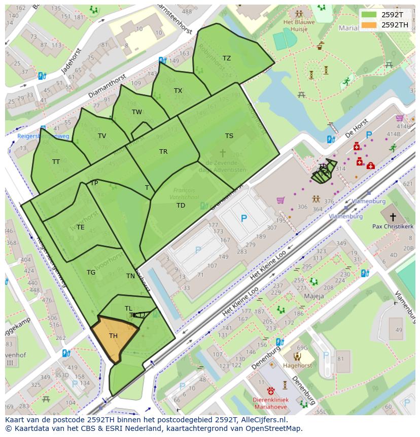 Afbeelding van het postcodegebied 2592 TH op de kaart.