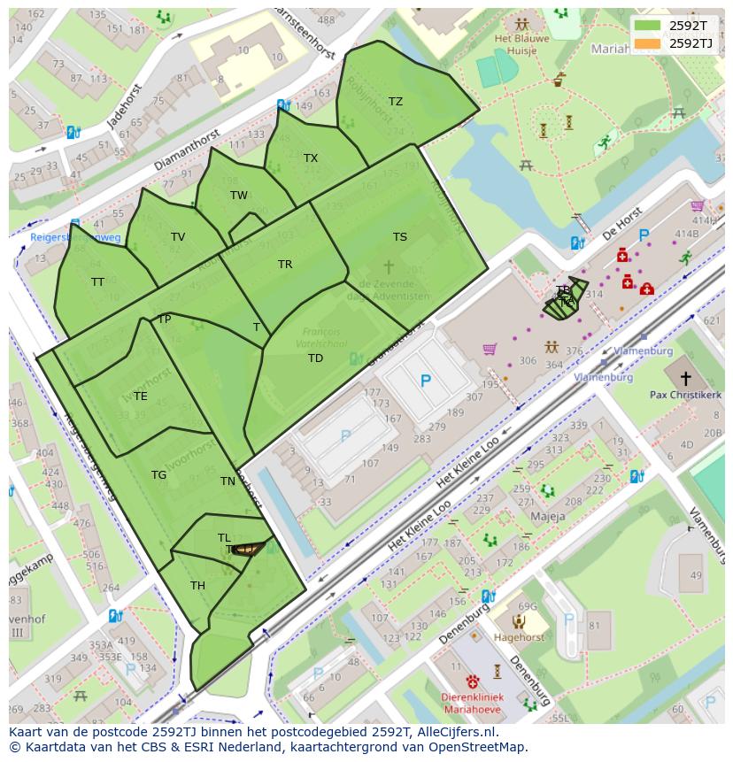Afbeelding van het postcodegebied 2592 TJ op de kaart.