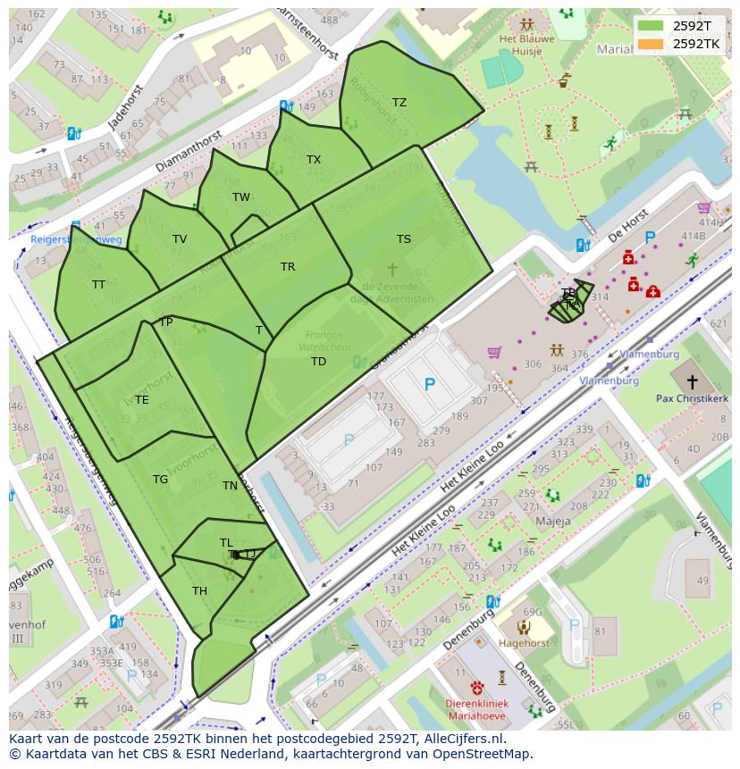 Afbeelding van het postcodegebied 2592 TK op de kaart.