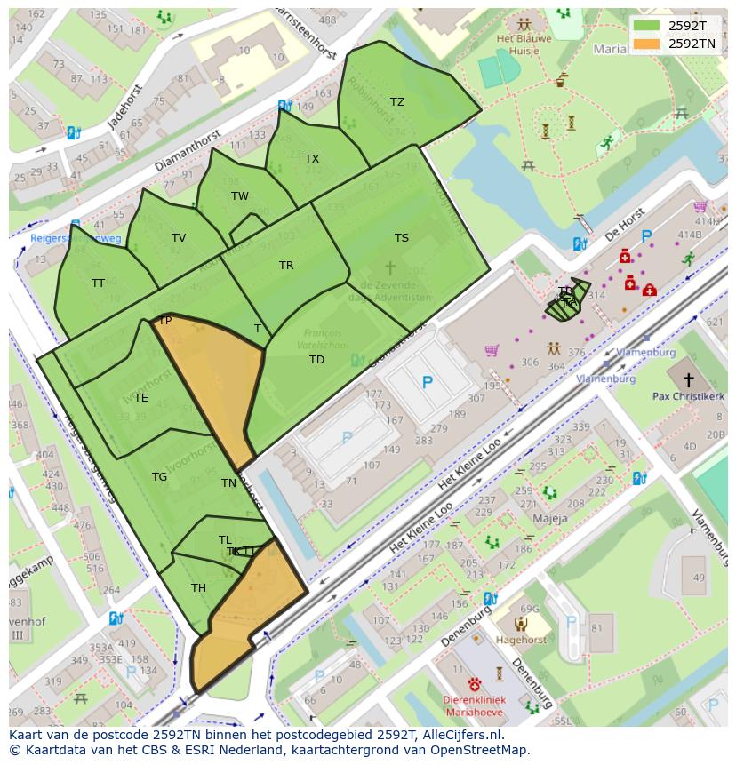 Afbeelding van het postcodegebied 2592 TN op de kaart.