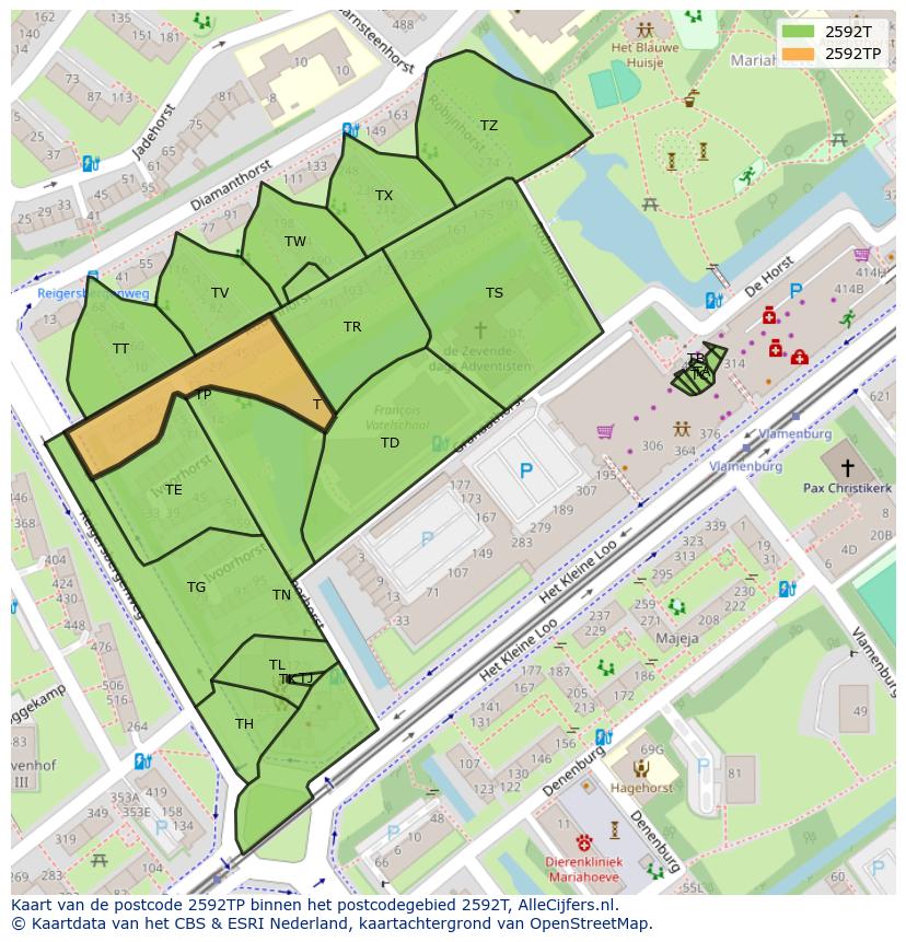 Afbeelding van het postcodegebied 2592 TP op de kaart.