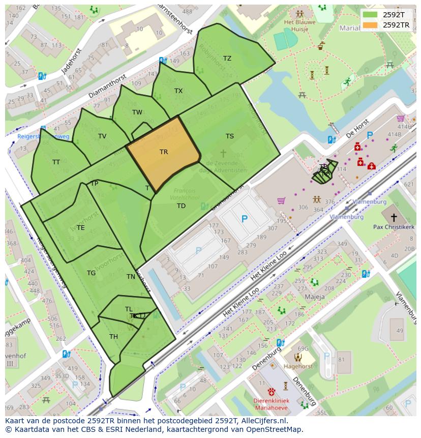 Afbeelding van het postcodegebied 2592 TR op de kaart.