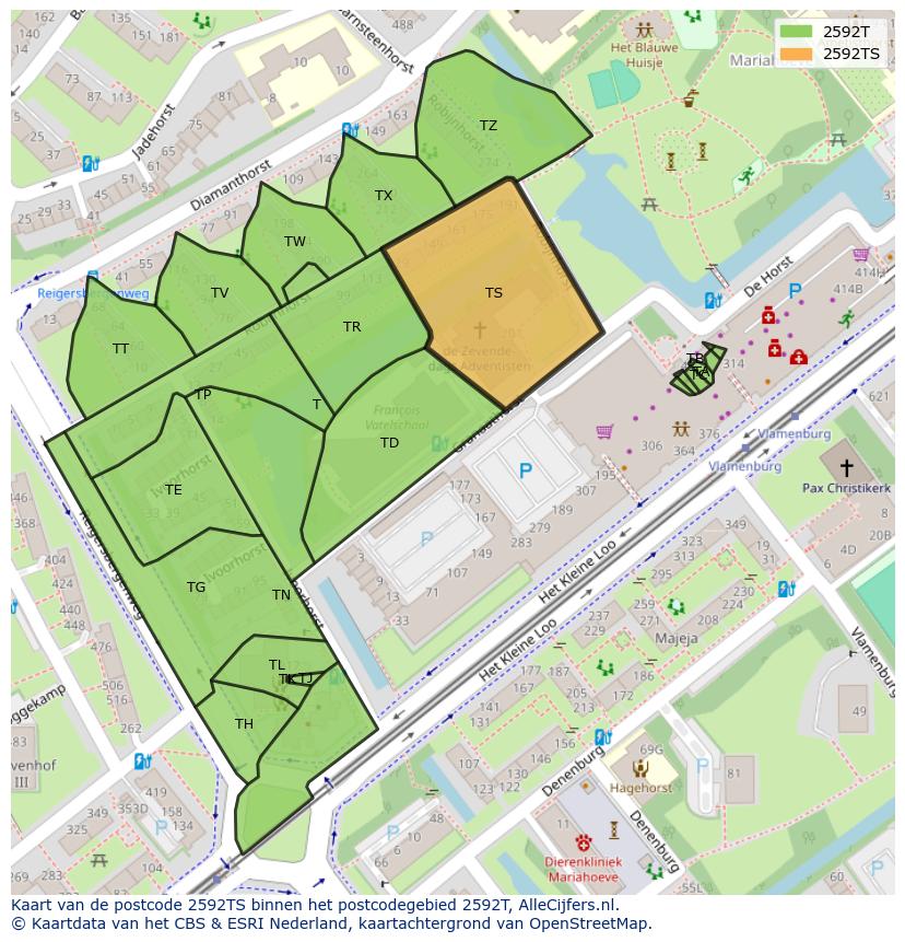 Afbeelding van het postcodegebied 2592 TS op de kaart.