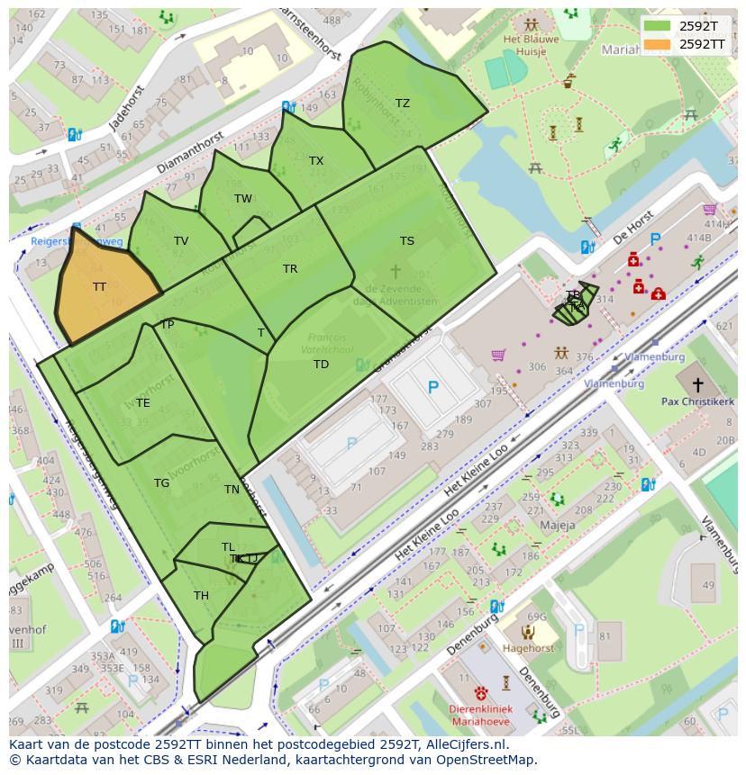 Afbeelding van het postcodegebied 2592 TT op de kaart.