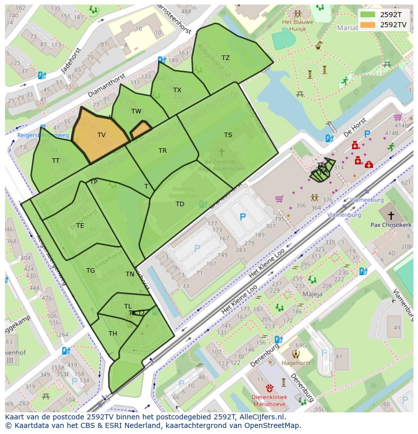 Afbeelding van het postcodegebied 2592 TV op de kaart.