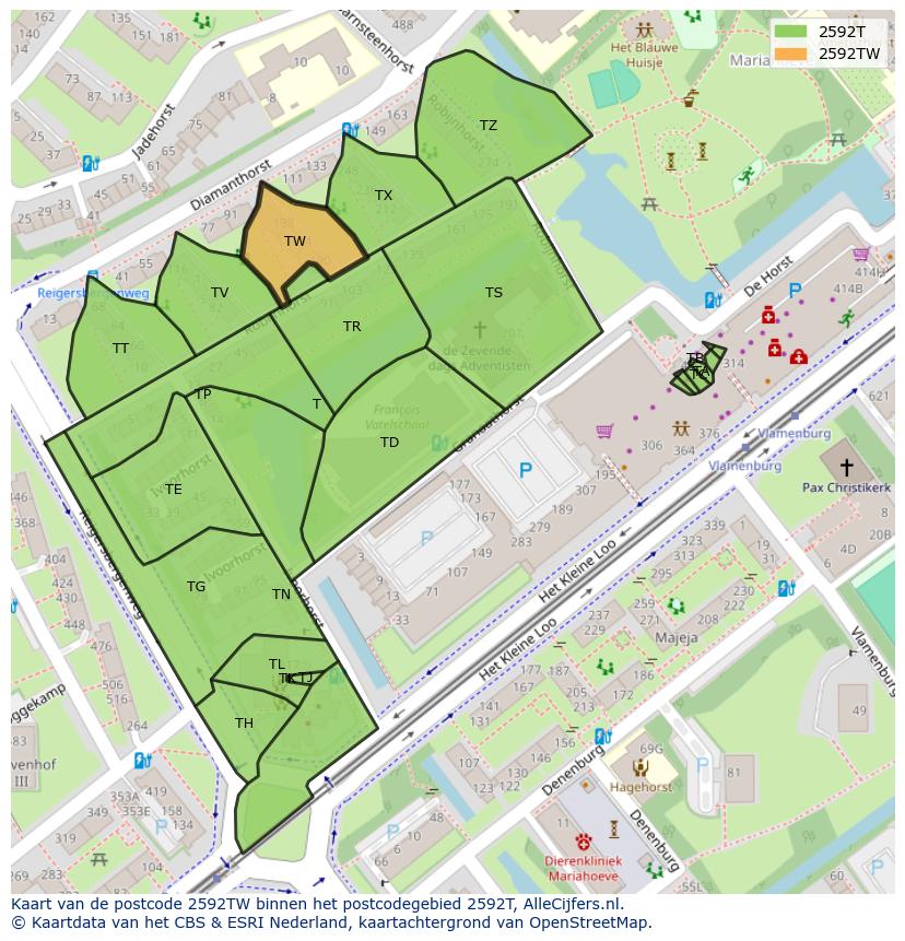 Afbeelding van het postcodegebied 2592 TW op de kaart.