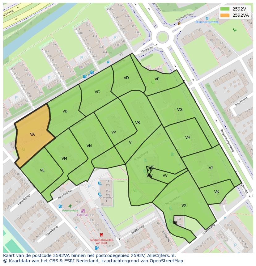 Afbeelding van het postcodegebied 2592 VA op de kaart.