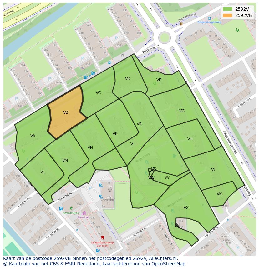 Afbeelding van het postcodegebied 2592 VB op de kaart.