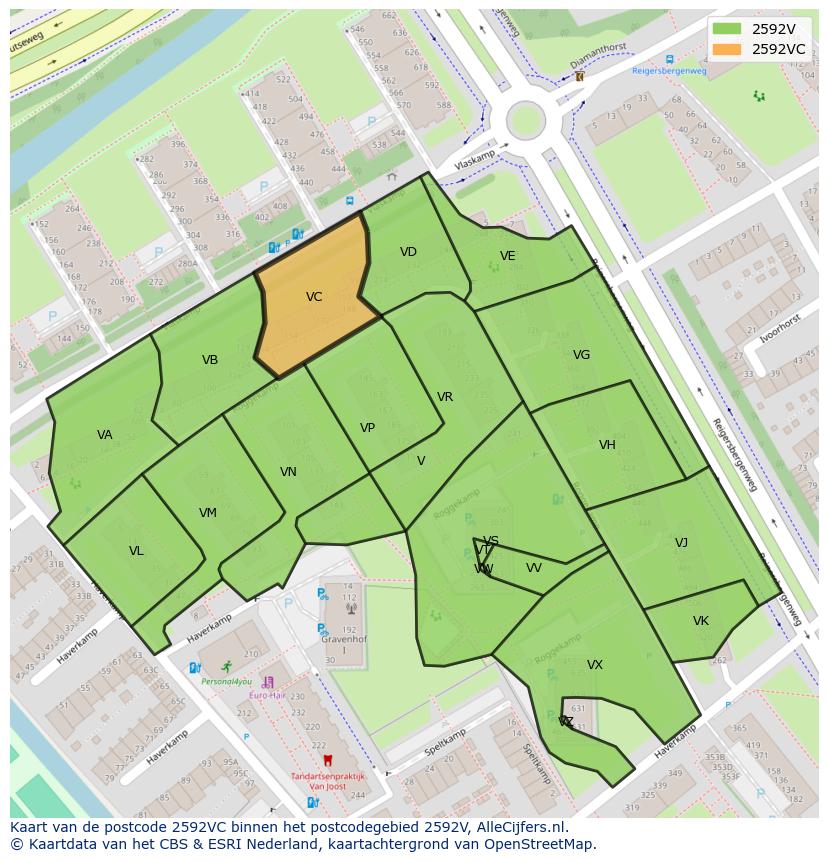 Afbeelding van het postcodegebied 2592 VC op de kaart.