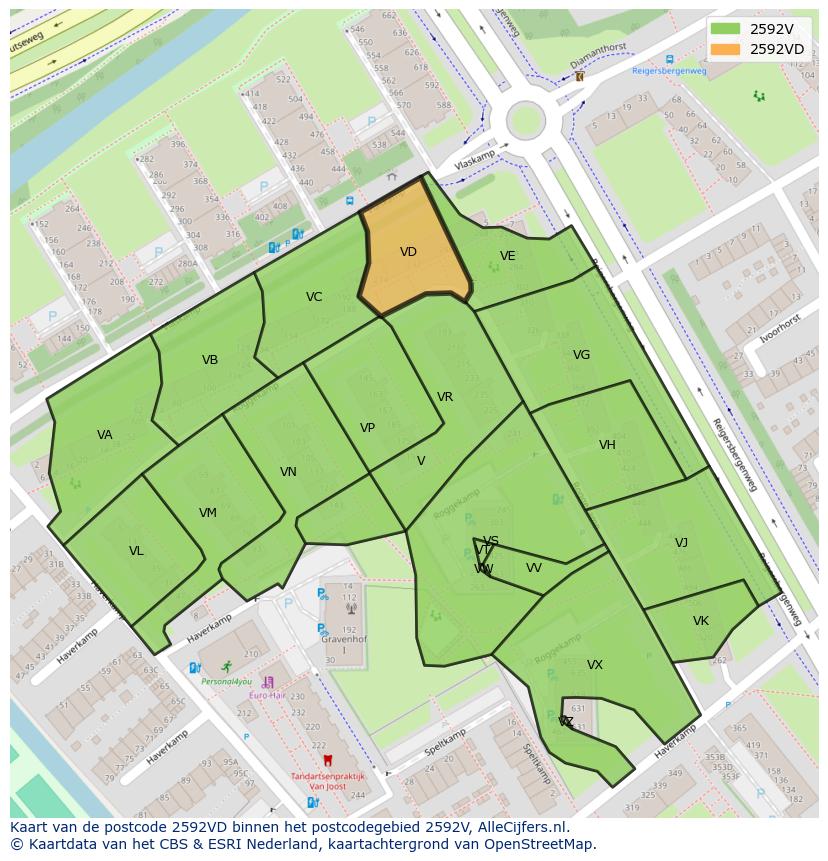 Afbeelding van het postcodegebied 2592 VD op de kaart.