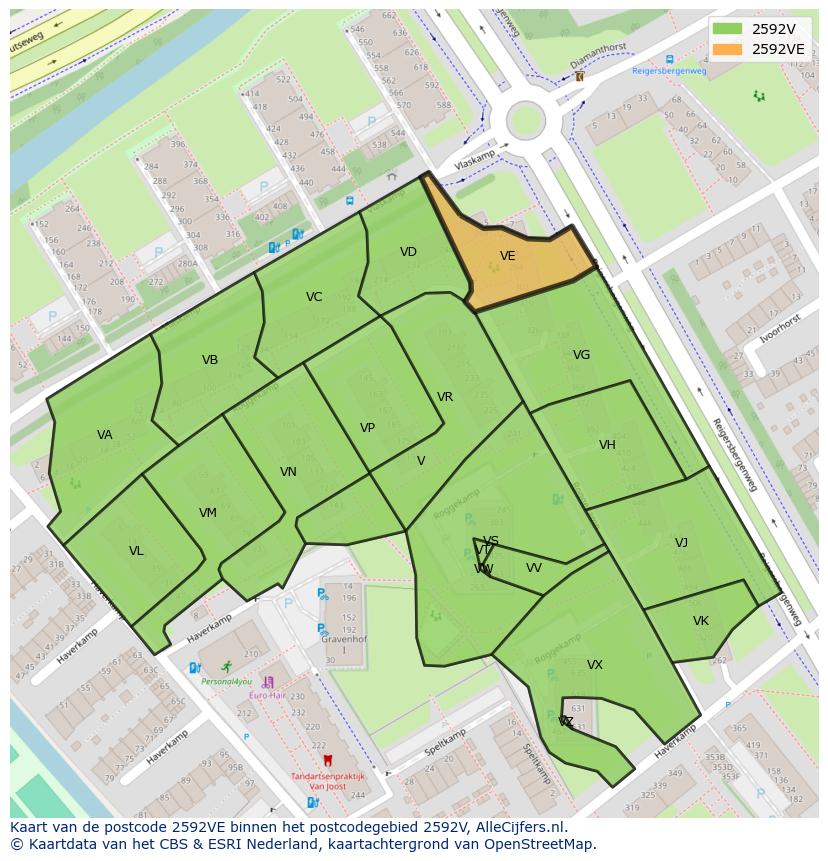 Afbeelding van het postcodegebied 2592 VE op de kaart.