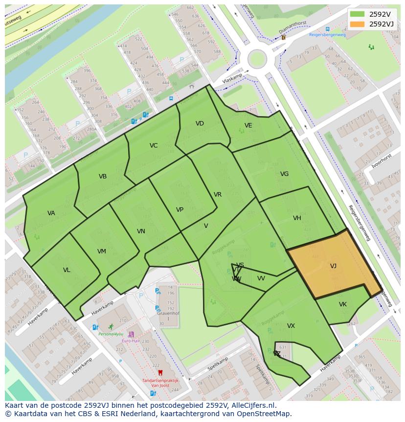 Afbeelding van het postcodegebied 2592 VJ op de kaart.