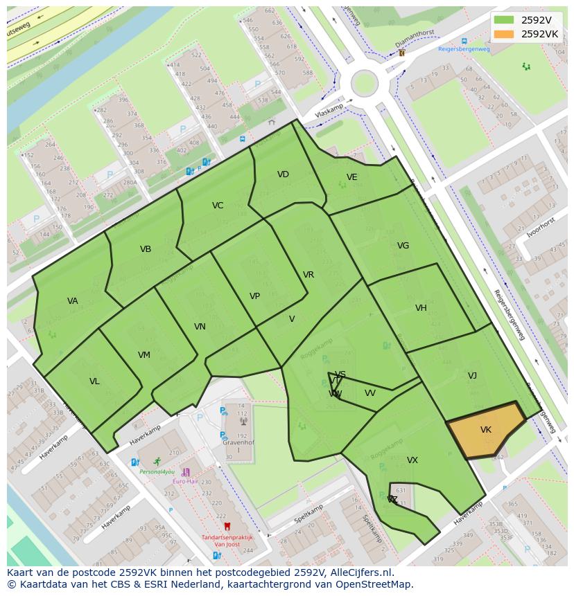 Afbeelding van het postcodegebied 2592 VK op de kaart.