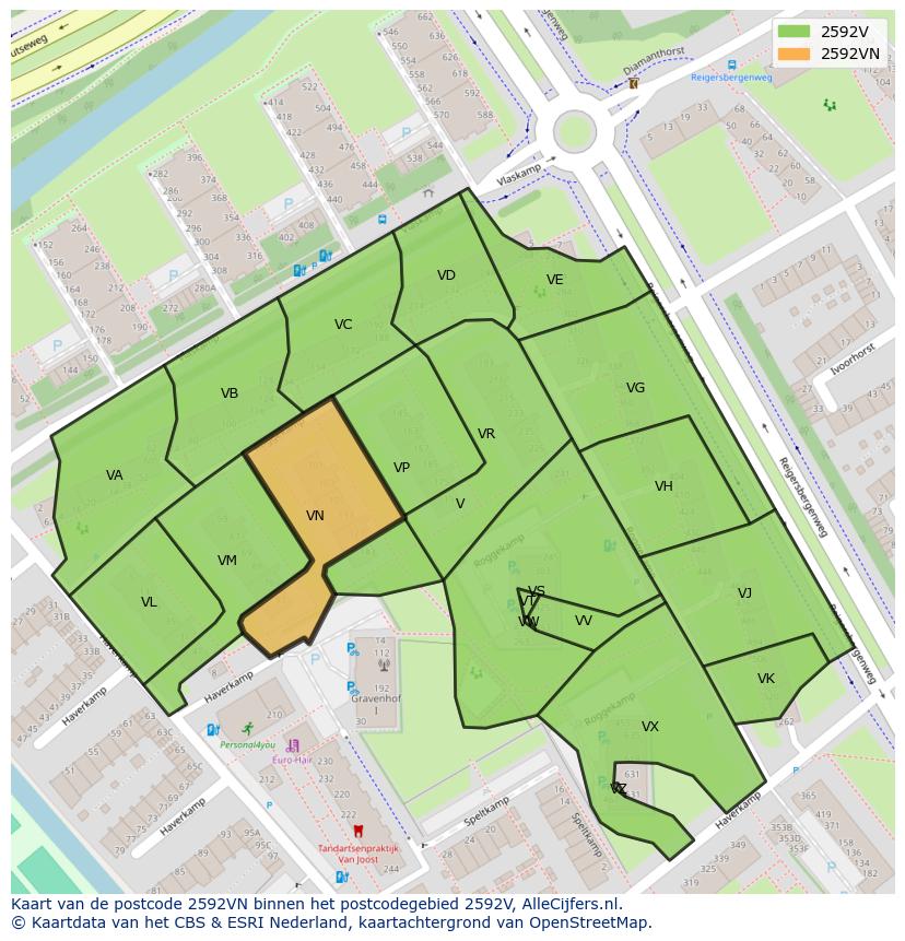 Afbeelding van het postcodegebied 2592 VN op de kaart.