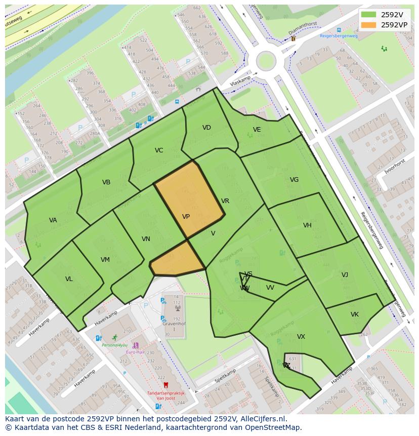 Afbeelding van het postcodegebied 2592 VP op de kaart.