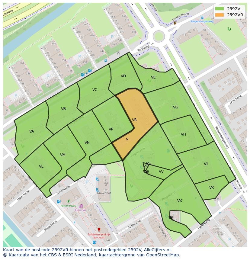 Afbeelding van het postcodegebied 2592 VR op de kaart.