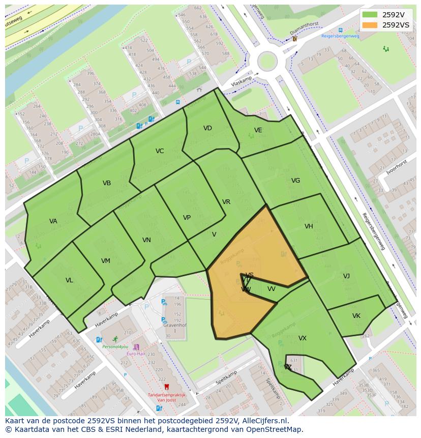 Afbeelding van het postcodegebied 2592 VS op de kaart.