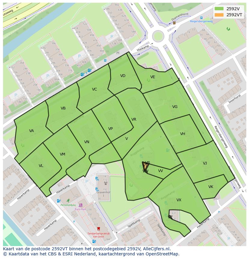 Afbeelding van het postcodegebied 2592 VT op de kaart.