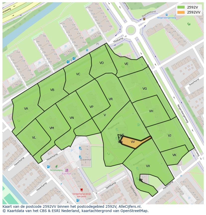 Afbeelding van het postcodegebied 2592 VV op de kaart.