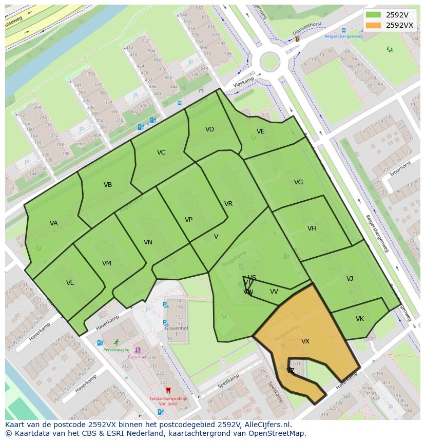 Afbeelding van het postcodegebied 2592 VX op de kaart.