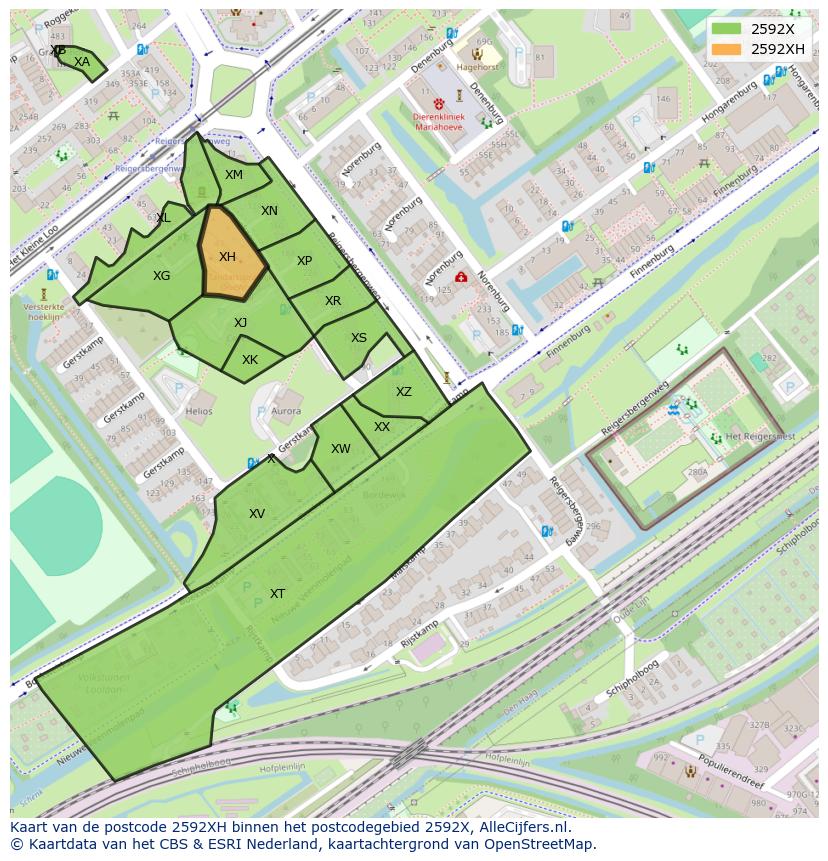 Afbeelding van het postcodegebied 2592 XH op de kaart.