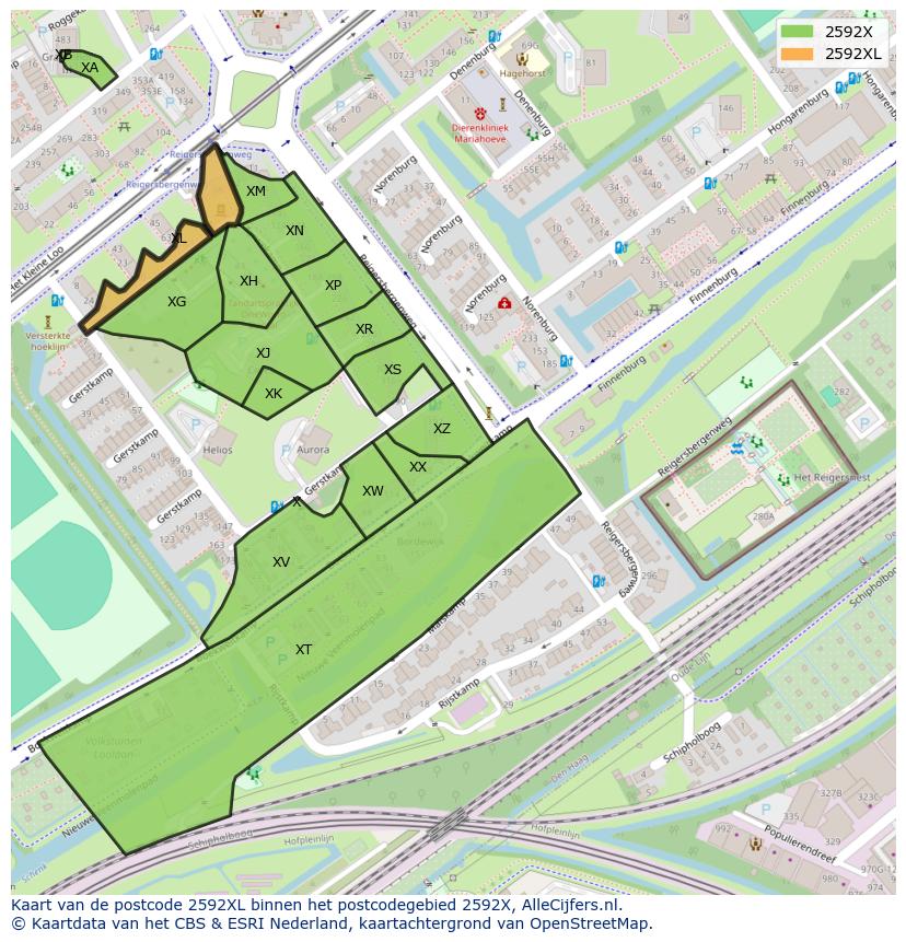 Afbeelding van het postcodegebied 2592 XL op de kaart.