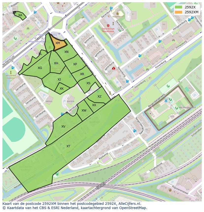 Afbeelding van het postcodegebied 2592 XM op de kaart.