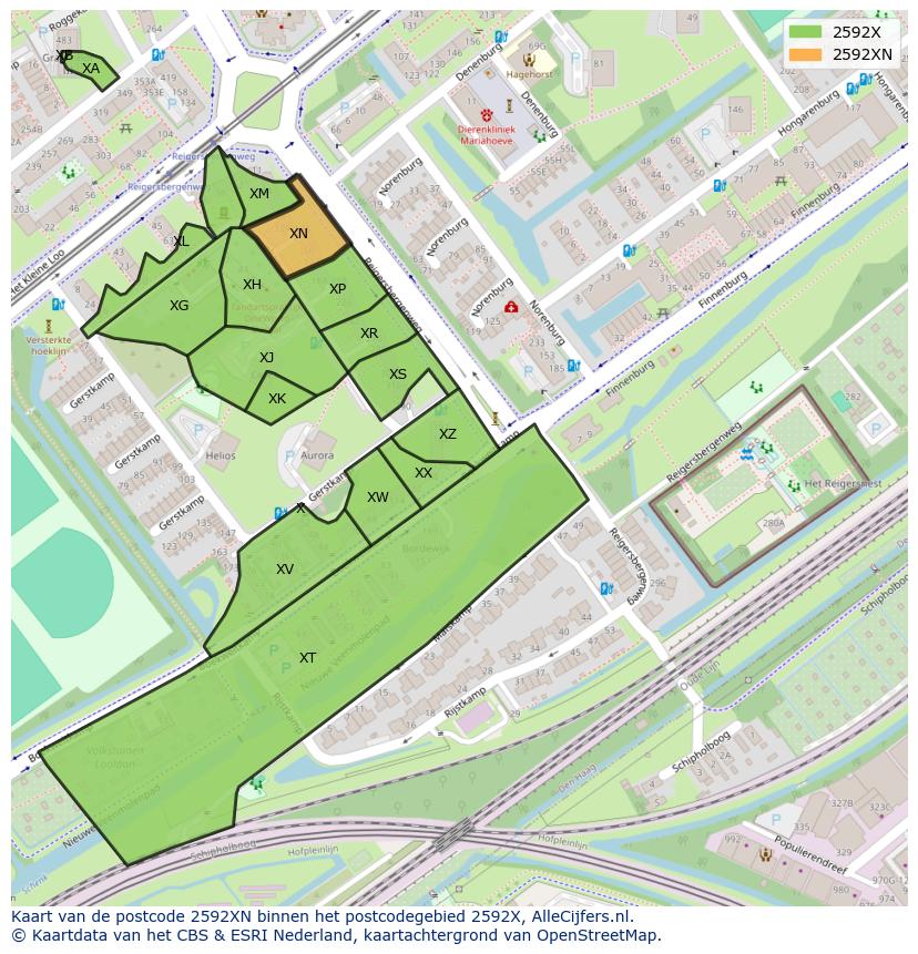 Afbeelding van het postcodegebied 2592 XN op de kaart.