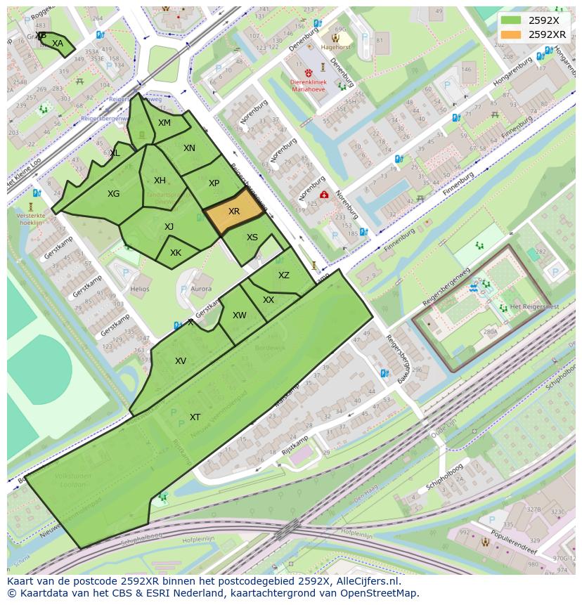 Afbeelding van het postcodegebied 2592 XR op de kaart.