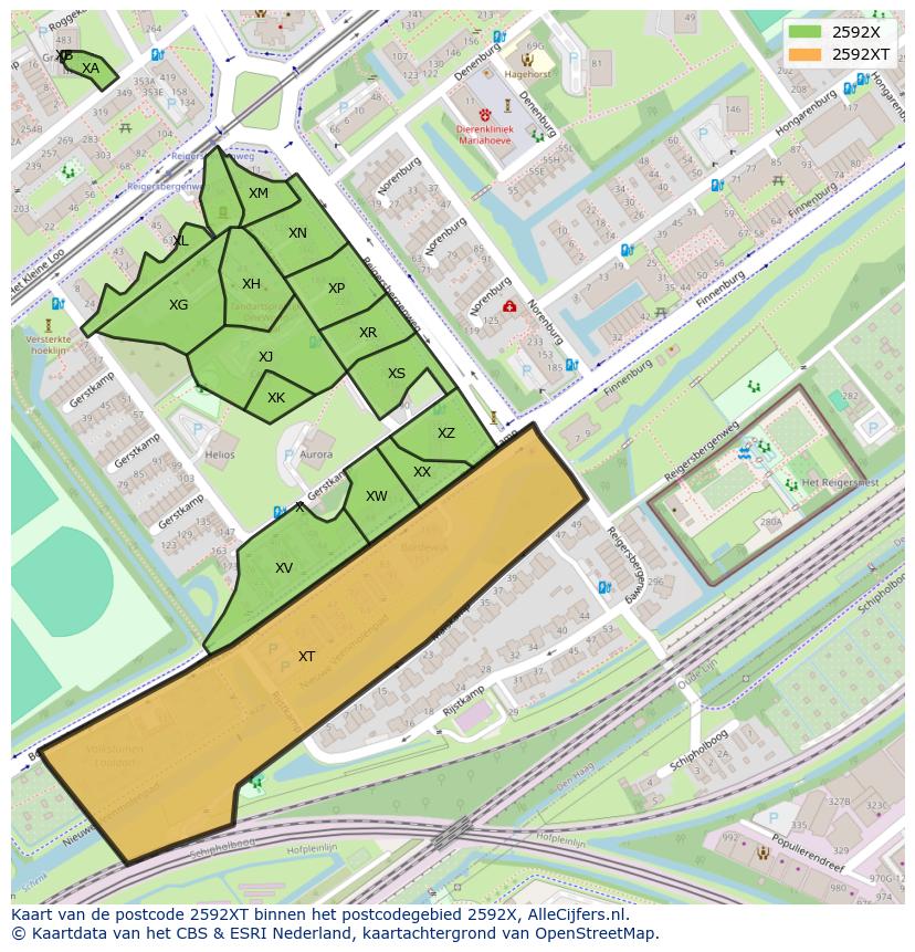 Afbeelding van het postcodegebied 2592 XT op de kaart.