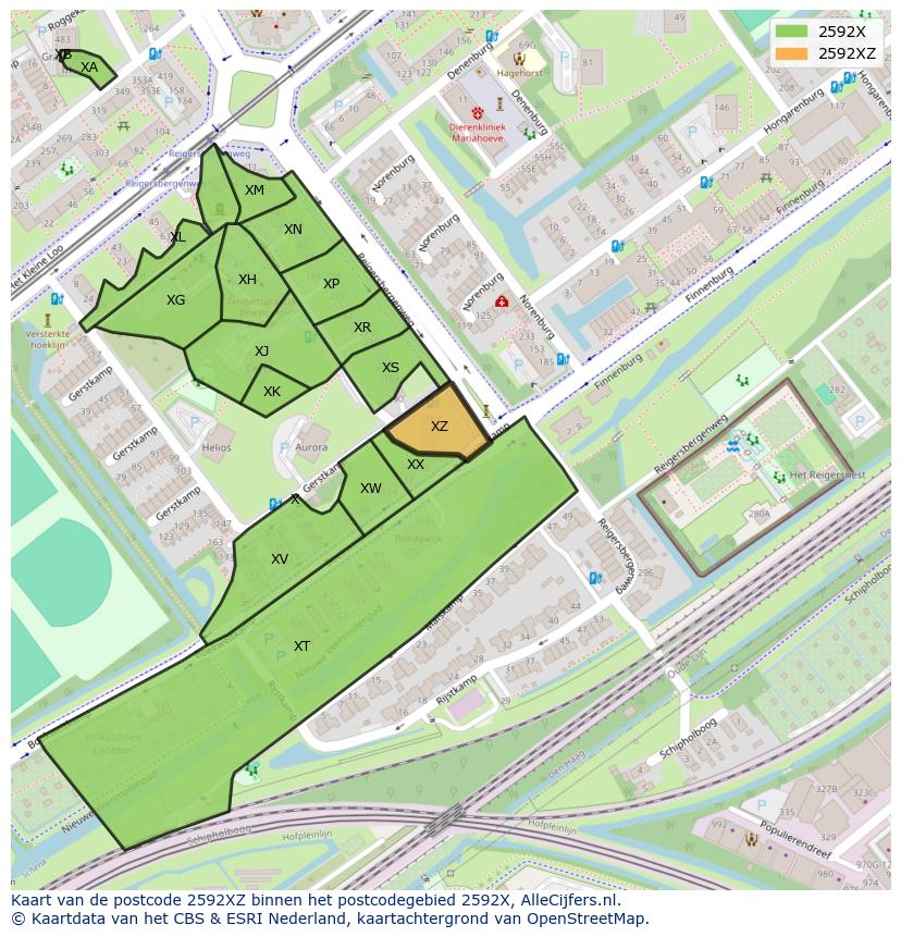 Afbeelding van het postcodegebied 2592 XZ op de kaart.