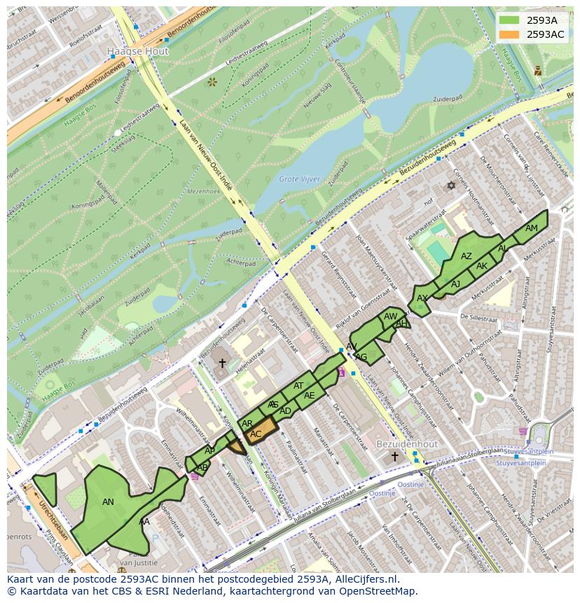 Afbeelding van het postcodegebied 2593 AC op de kaart.
