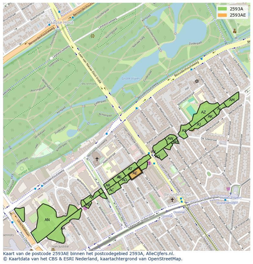 Afbeelding van het postcodegebied 2593 AE op de kaart.