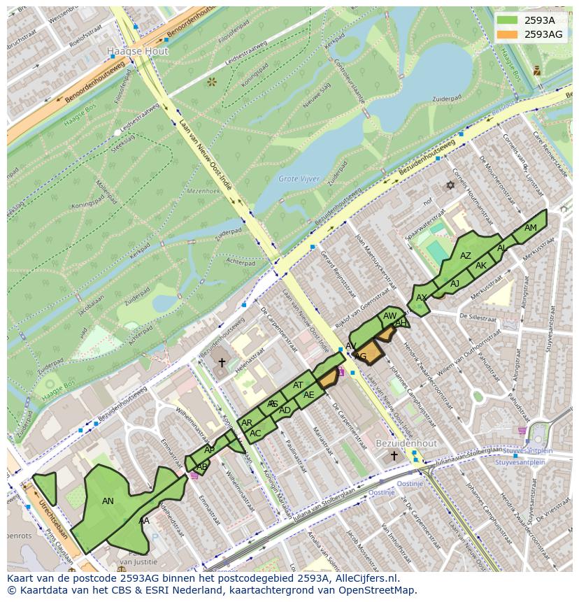 Afbeelding van het postcodegebied 2593 AG op de kaart.