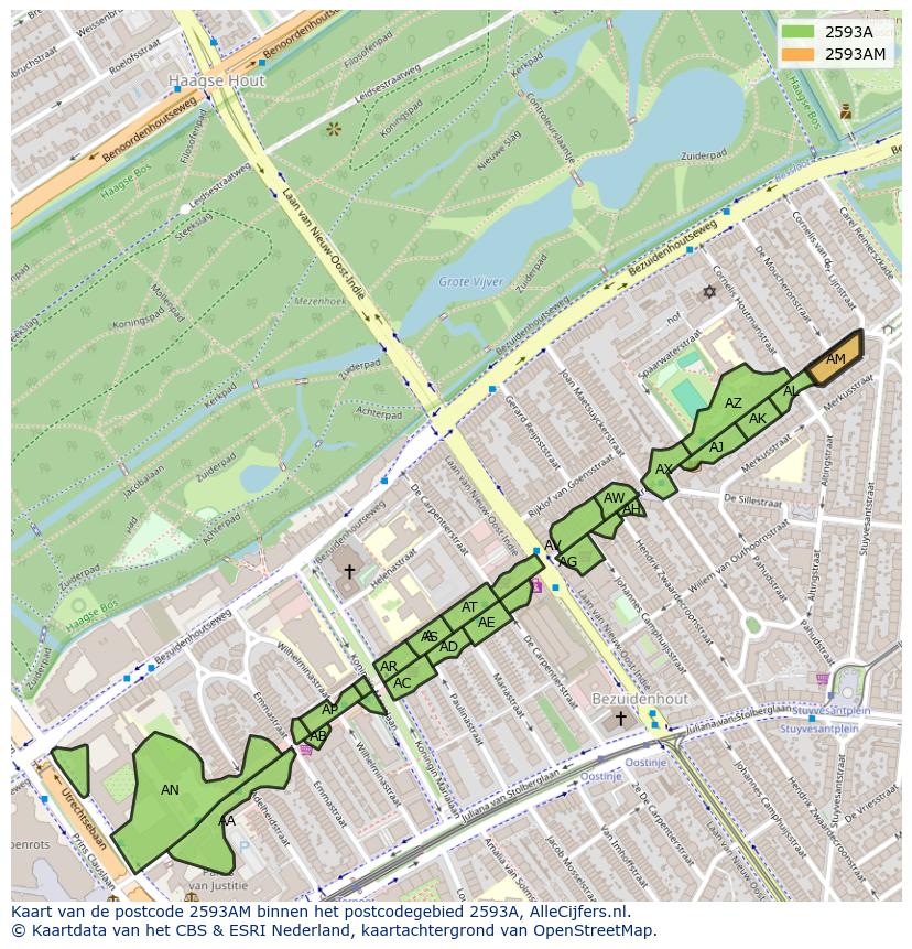 Afbeelding van het postcodegebied 2593 AM op de kaart.