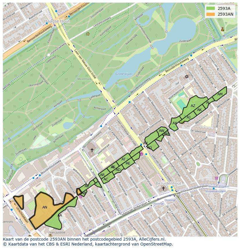 Afbeelding van het postcodegebied 2593 AN op de kaart.