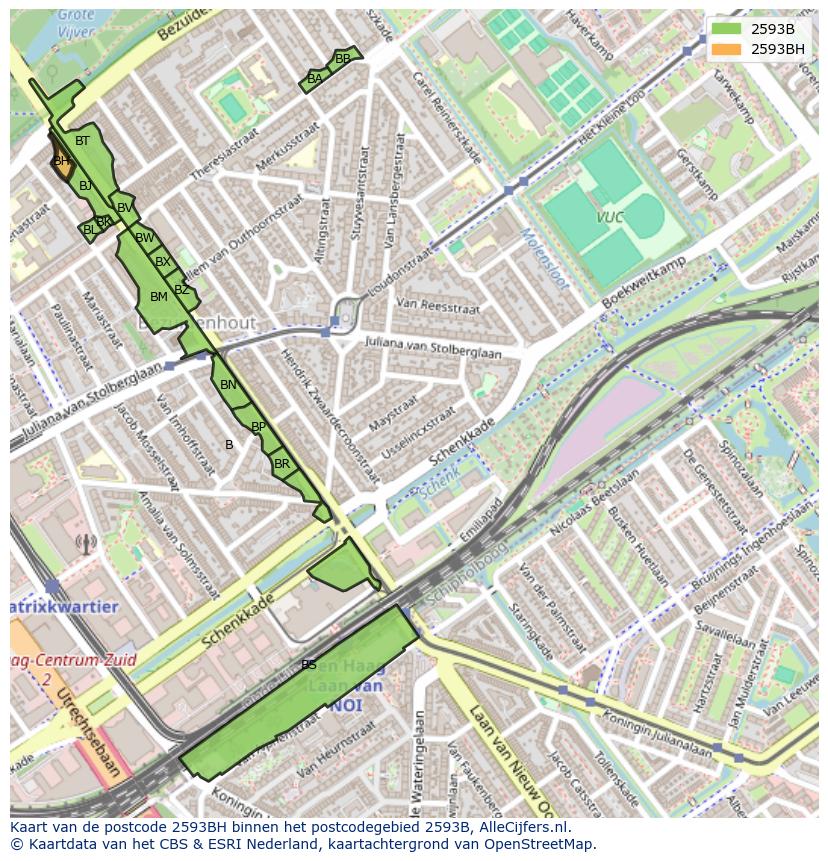 Afbeelding van het postcodegebied 2593 BH op de kaart.
