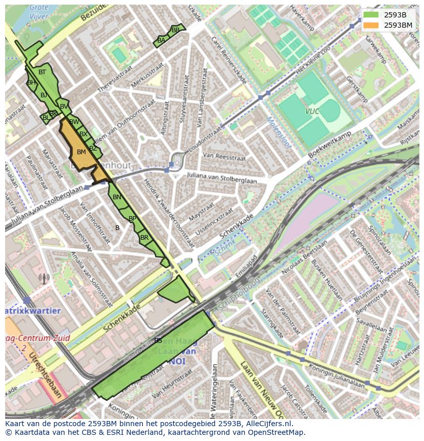 Afbeelding van het postcodegebied 2593 BM op de kaart.