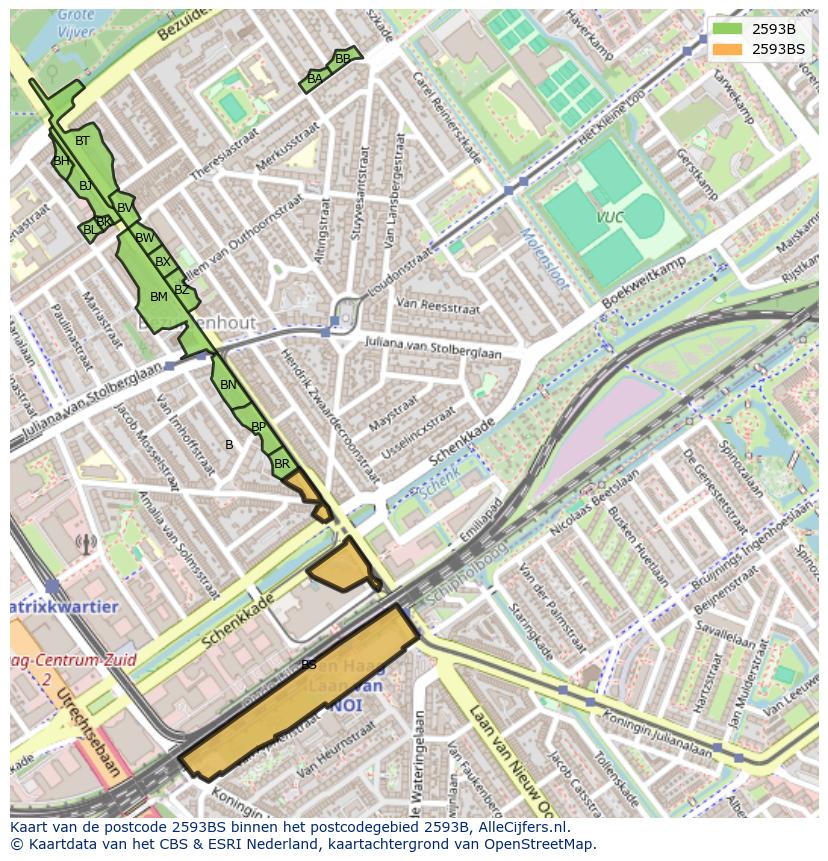 Afbeelding van het postcodegebied 2593 BS op de kaart.