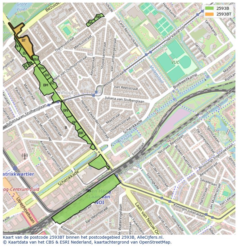 Afbeelding van het postcodegebied 2593 BT op de kaart.