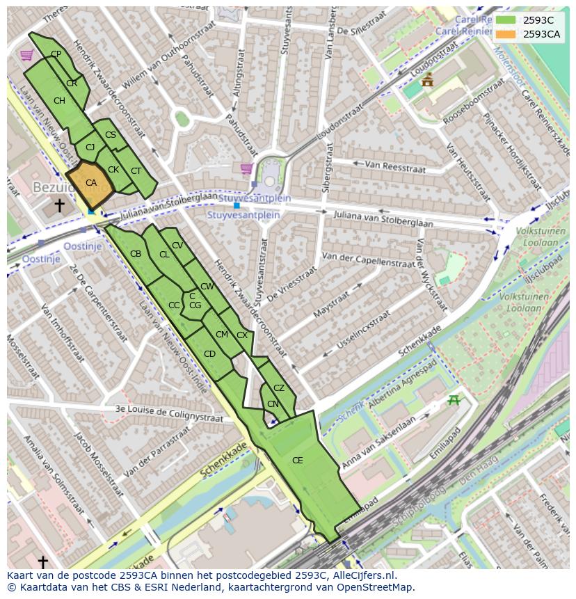 Afbeelding van het postcodegebied 2593 CA op de kaart.