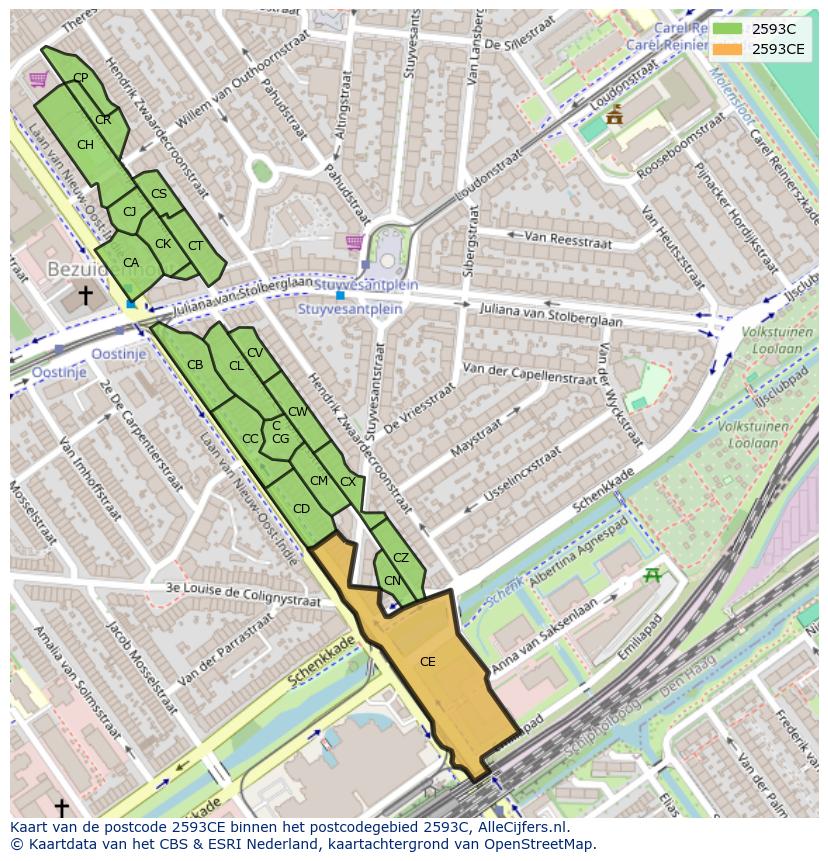 Afbeelding van het postcodegebied 2593 CE op de kaart.