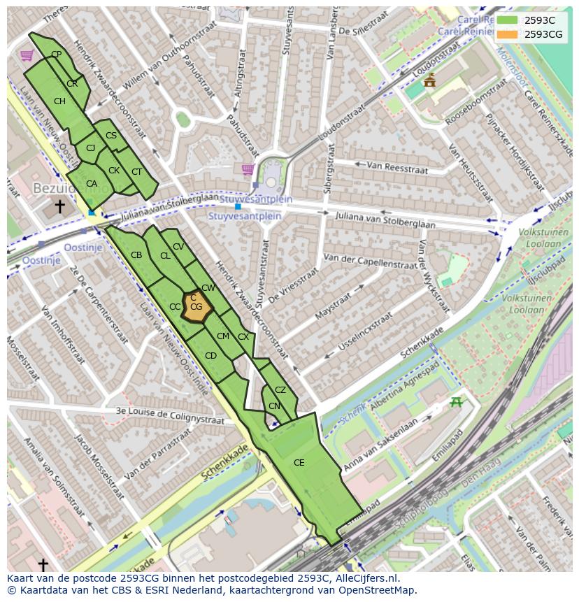 Afbeelding van het postcodegebied 2593 CG op de kaart.