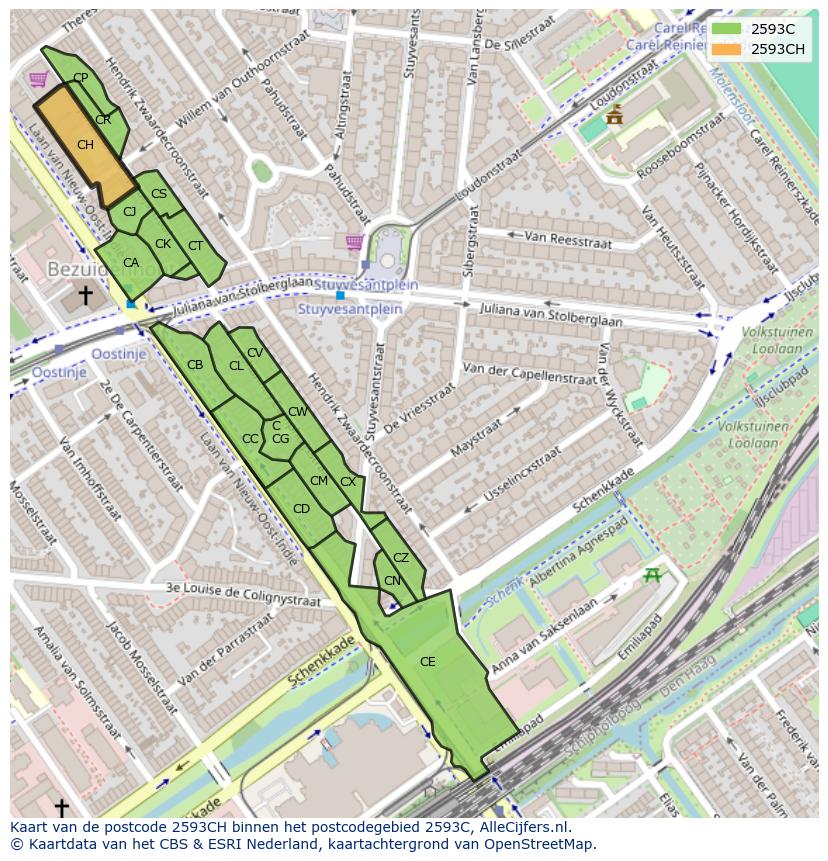 Afbeelding van het postcodegebied 2593 CH op de kaart.