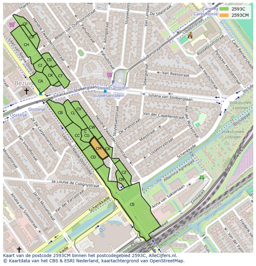 Afbeelding van het postcodegebied 2593 CM op de kaart.