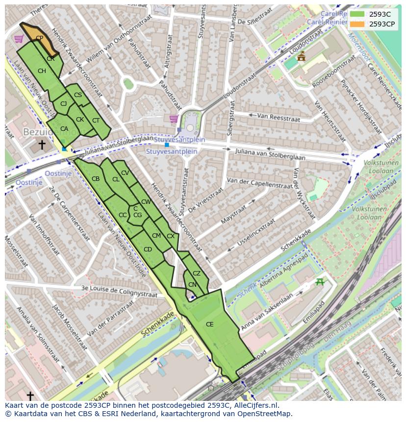 Afbeelding van het postcodegebied 2593 CP op de kaart.