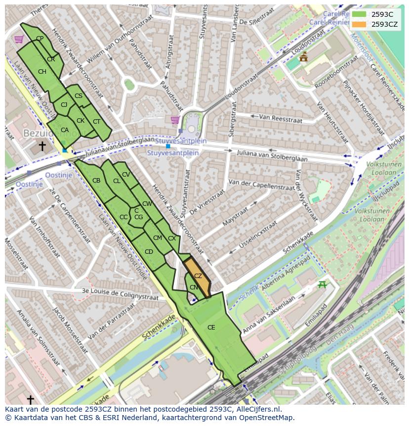 Afbeelding van het postcodegebied 2593 CZ op de kaart.